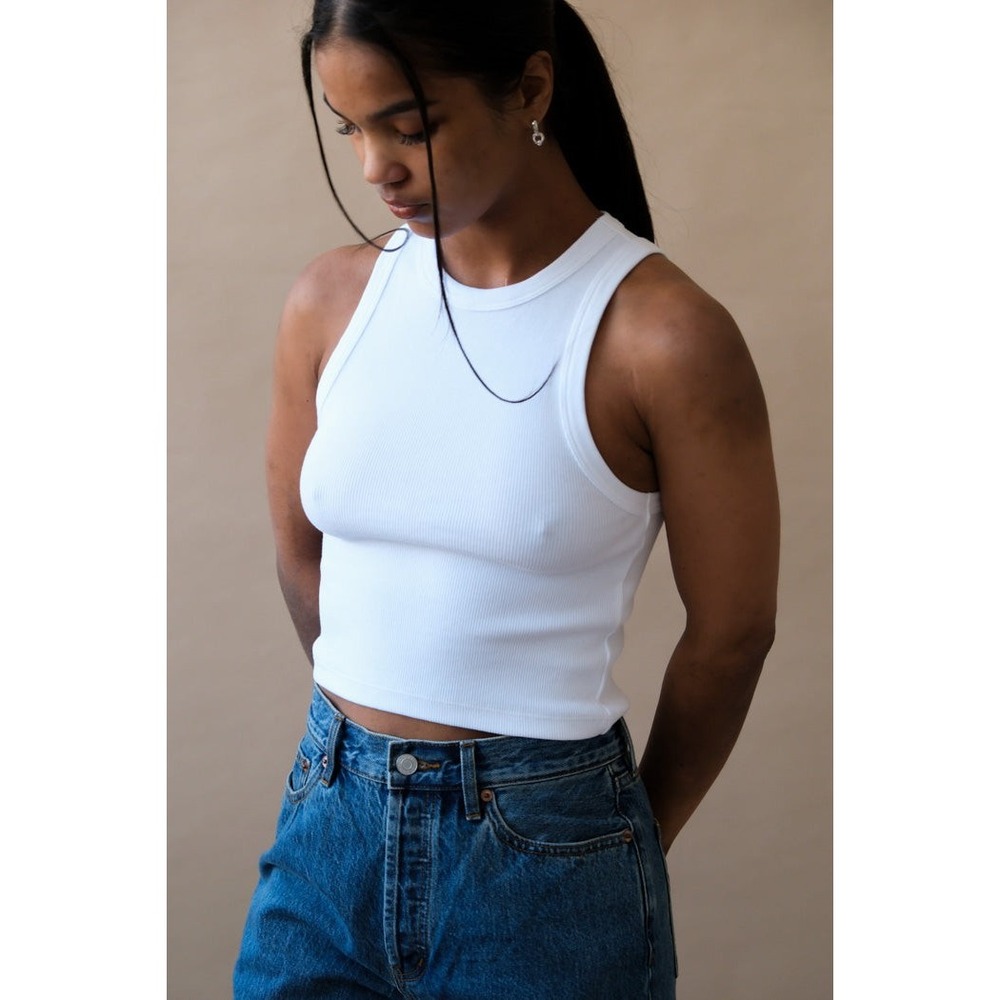 Soldout.nyc Top Medium High Neck The Cropped Not So Basic Tank in White Ribbed